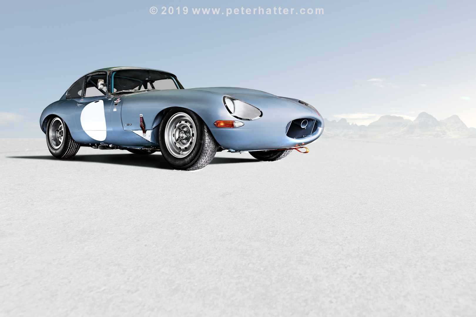 Jaguart E-Type on a digital salt flats.